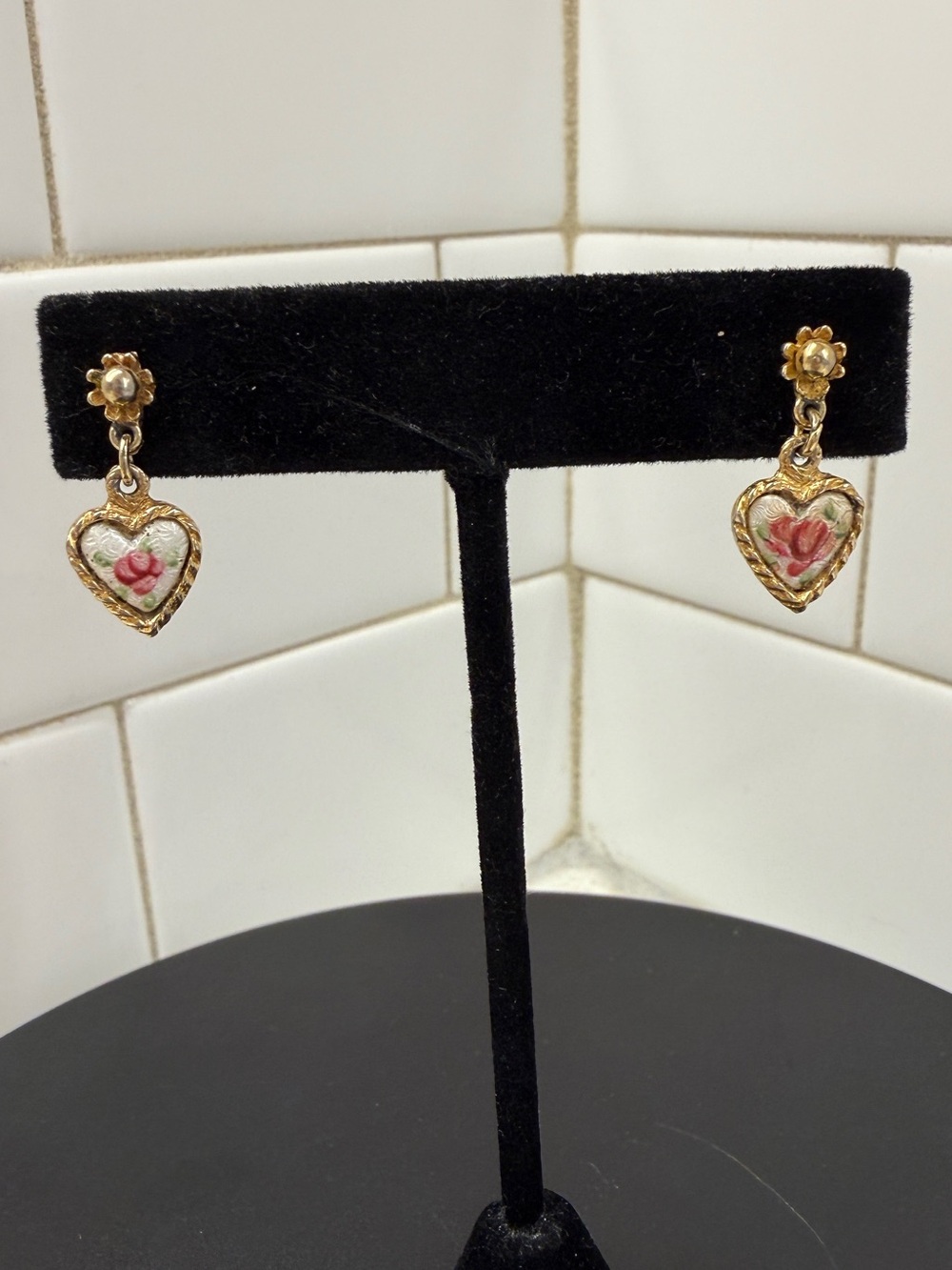 Gold-Tone Heart Drop Earrings with Pink Rose Detail